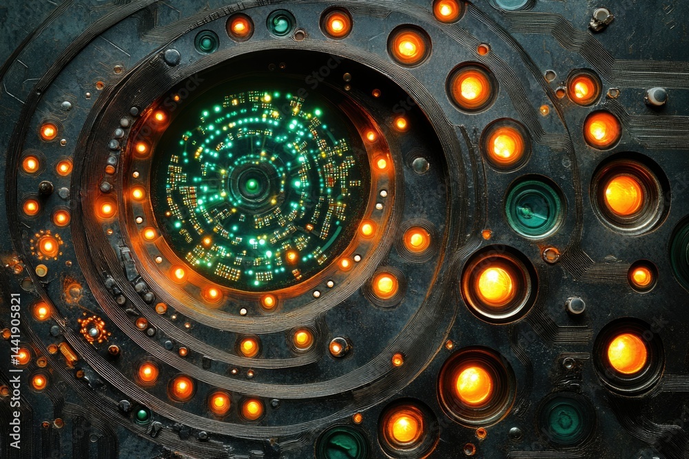 Poster A futuristic, circular technological device with glowing lights and intricate circuitry, resembling a spaceship control panel or advanced technology.