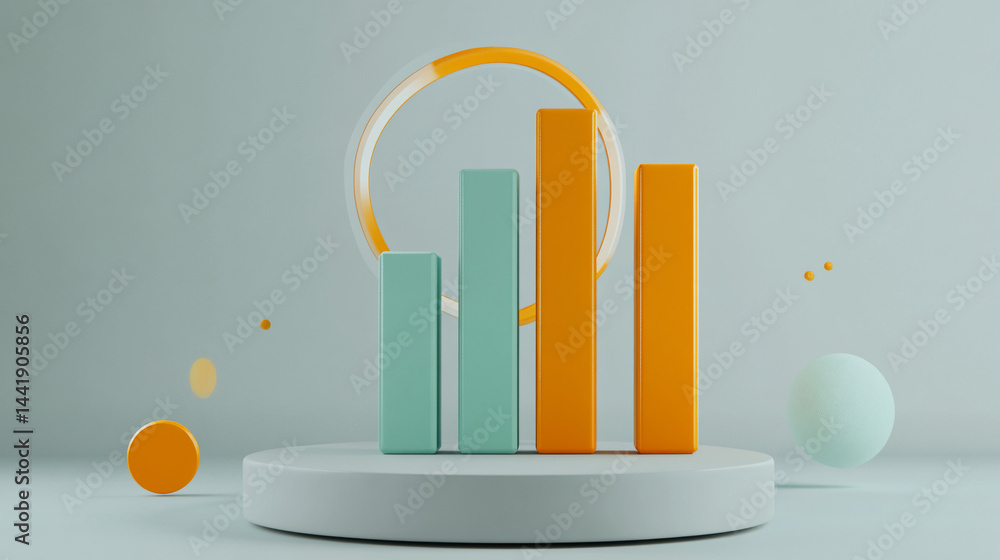 Poster Abstract 3D rendering of bar graph on pedestal with colorful spheres and circle.