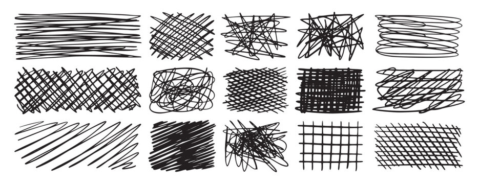 Hatch scribble element, hatching textured cross lines doodles. Pencil elements, sketch line texture, hand drawn scrawl rectangle collection