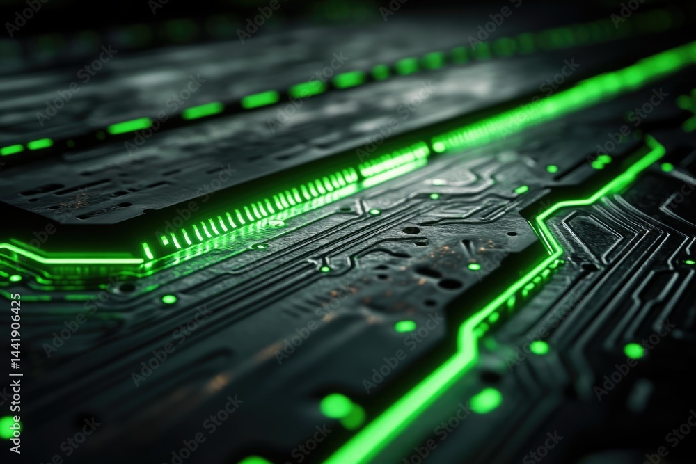 Poster close-up of a dark circuit board with glowing green lines, showcasing intricate technological detail