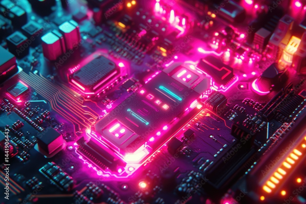 Poster close-up of a vibrant, illuminated circuit board showcasing intricate electronic components and glow