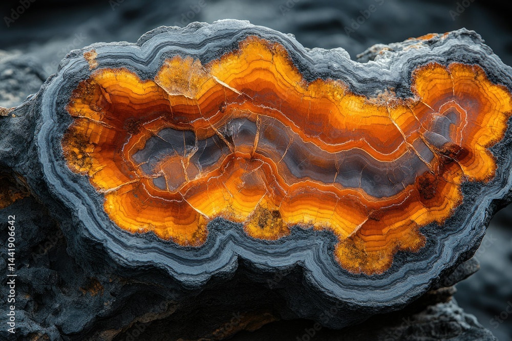 Poster striking banded agate geode with vibrant orange and gray layers, showcasing intricate natural patter