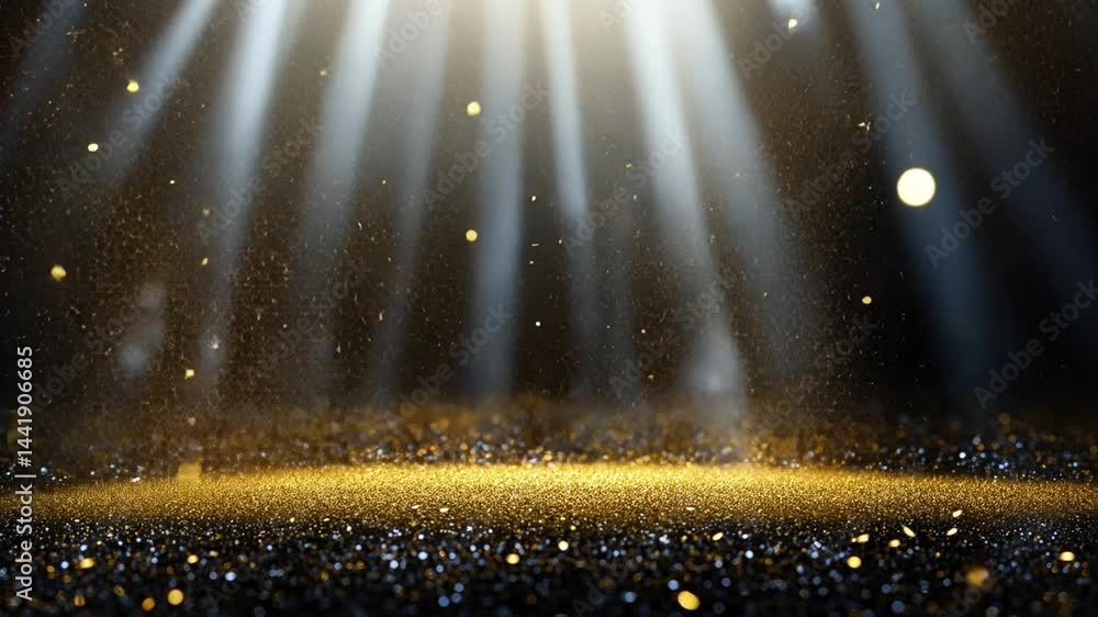 Poster mesmerizing display of golden particles and shimmering dust illuminated by radiant beams of light cr