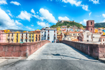 Unbelivable cityscape of Bosa town with Ponte Vecchio bridge across the Temo river.