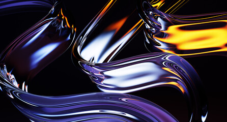 3d abstract liquid glass transparent wave streams on black background. Chromatic fluid flow curve shapes, water ribbons with colorful light iridescent neon holographic gradient render. 3D illustration