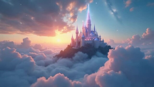 Enchanted Castle Above the Clouds, Mystical Twilight, Radiant with Starlight