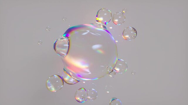 Metaball liquid transparent iridescent blobs. 3D rendering abstract multicolor moving flow bubbles. 4K looped animation.