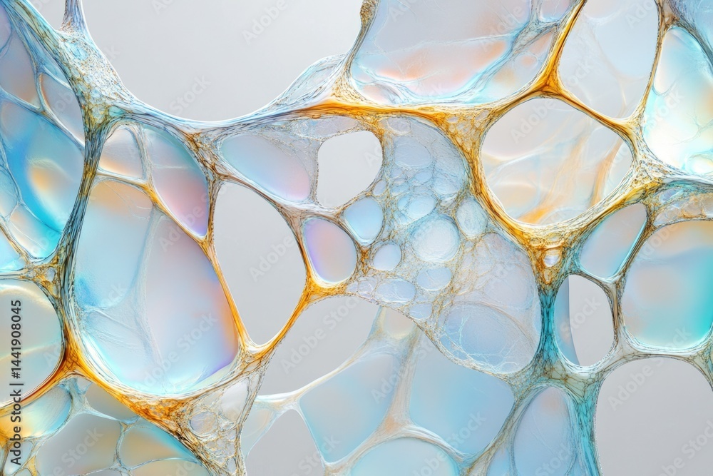 Poster Abstract image depicting a network of interconnected, iridescent, organic-like shapes resembling cells or a neural network.