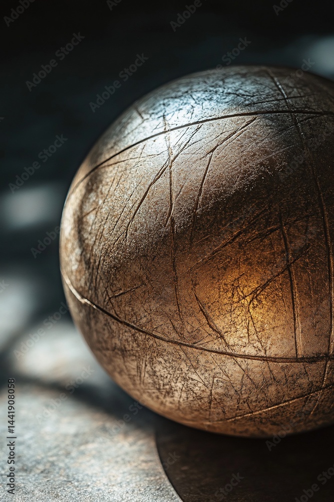 Poster Close-up of a weathered, spherical object with visible texture and cracks, illuminated by sunlight.