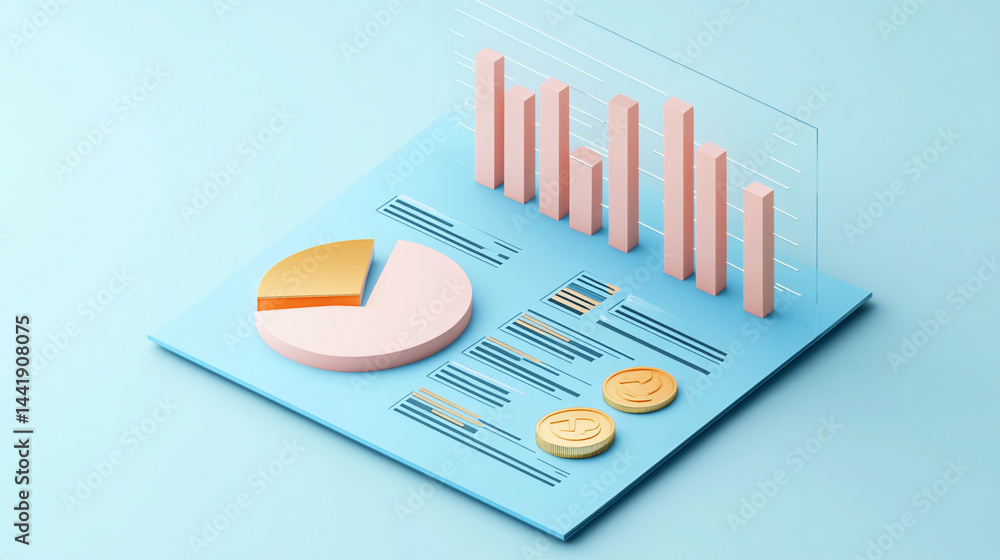 Poster 3d isometric illustration of financial data analysis with pie chart, bar graph, and coins.