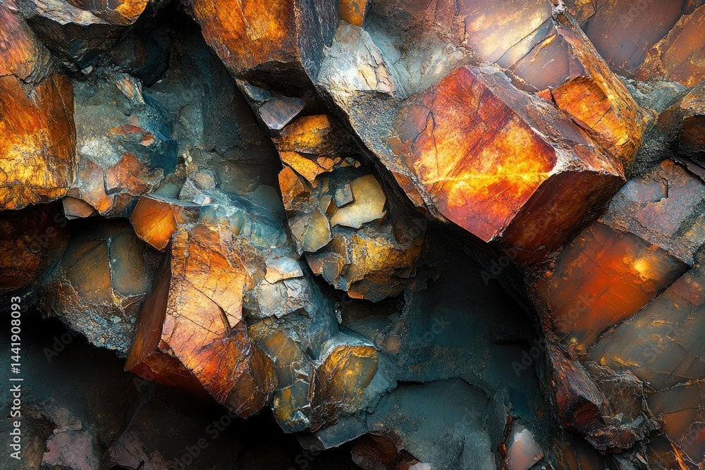 Poster a mesmerizing close-up of vibrant, multicolored rock formations, showcasing intricate textures and g