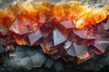 A mesmerizing geode showcasing vibrant orange and reddish-brown crystals embedded in dark grey rock.