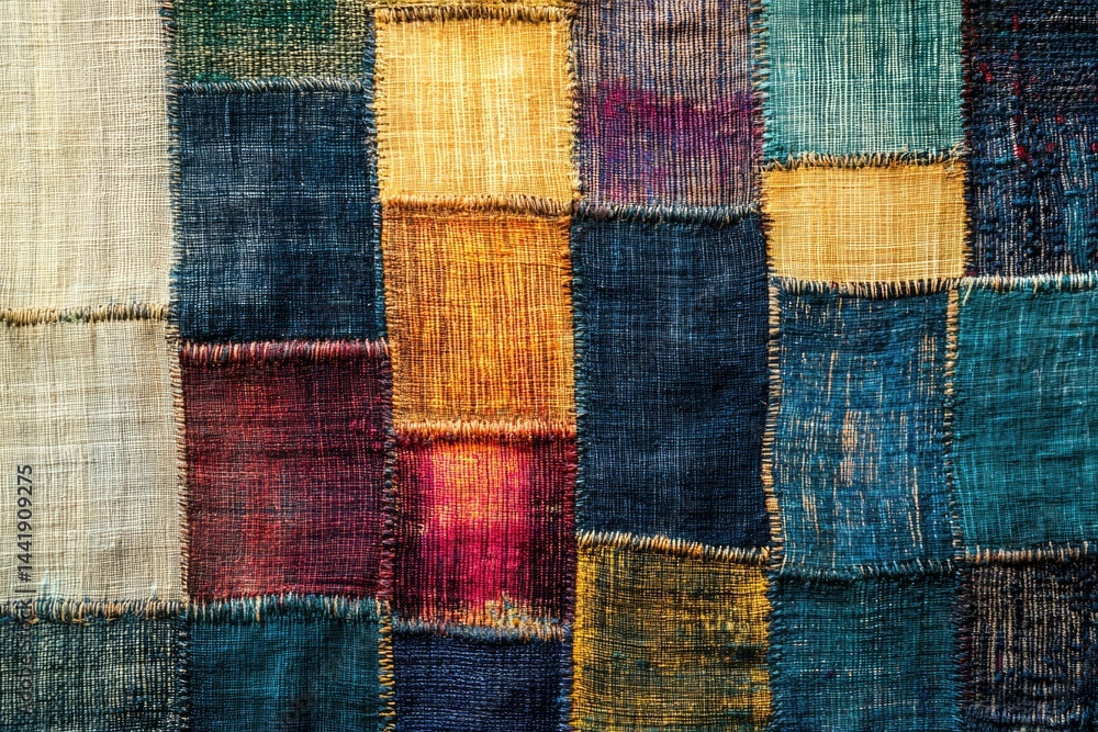 Aufkleber a patchwork of colorful fabric squares stitched together, creating a textured and visually appealing