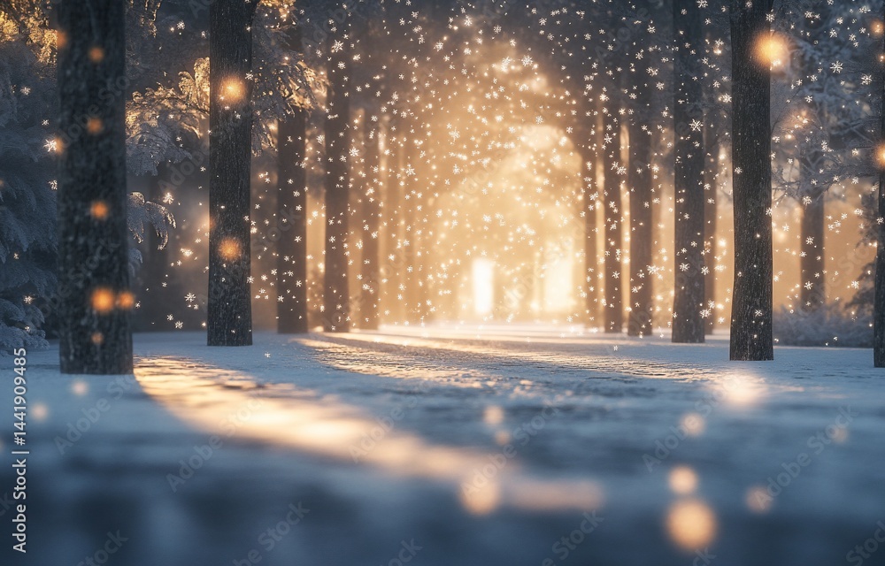 Poster magical winter forest path with snowfall and warm light.