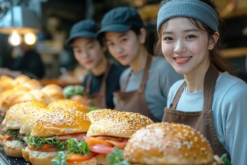 Cheerful bakery team with fresh gourmet burgers showcasing culinary craftsmanship