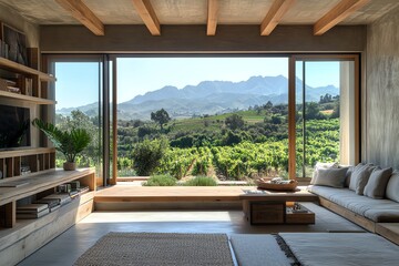 Fototapeta premium Modern living room overlooking vineyard and mountains