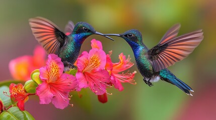 Two vibrant hummingbirds hovering near colorful pink flowers, capturing the beauty of nature in a lush tropical setting.