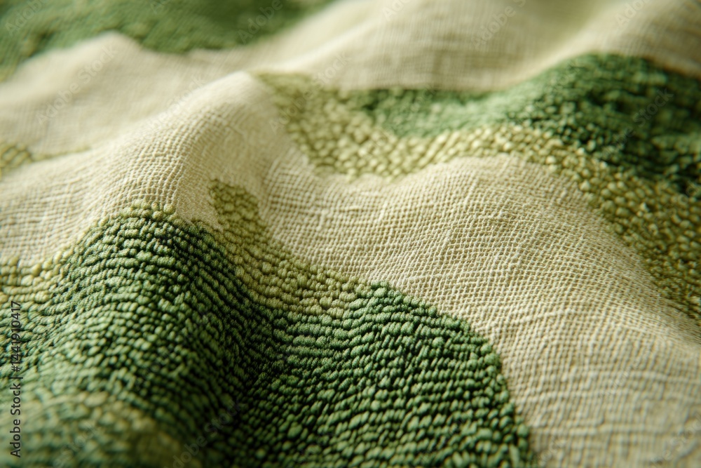 Aufkleber Close-up of textured fabric with green and beige patterns, showcasing detailed weaving.