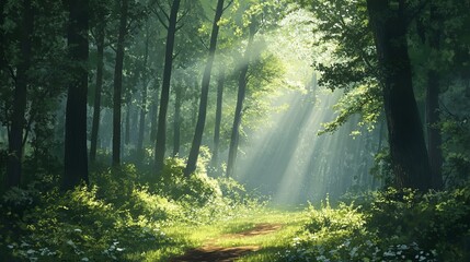 Fototapeta premium Serene sunlight beams through lush green forest path art eco calm trees woods trail fresh clean