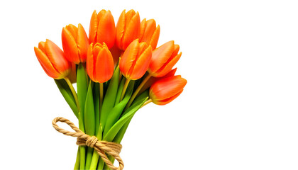 A bunch of vibrant orange tulip flowers isolated on a white background, showcasing their fresh petals and natural beauty.
