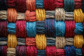 A close-up view of a vibrant woven tapestry showcasing a rich array of colorful yarns.