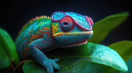 Fototapeta premium Vibrant chameleon perched on green foliage showcasing striking colors and detailed texture in dramatic lighting