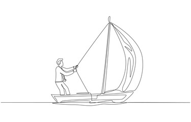 Continuous one line drawing of businessman spreading sail to catch wind to make sailboat go faster, seizing business opportunity concept, single line art