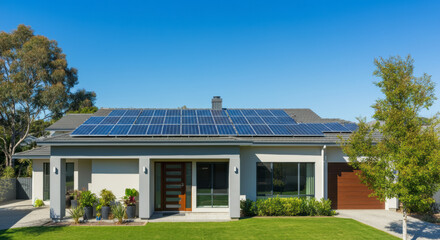 Solar panels enhance modern suburban home under clear blue sky