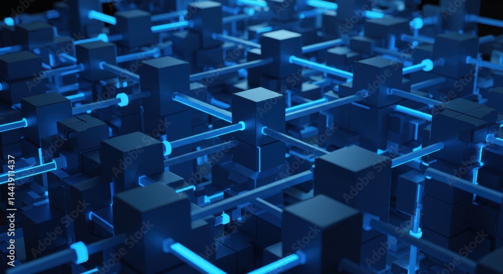 Aufkleber abstract network interconnection digital cubes glowing blue lines complex system futuristic technolo