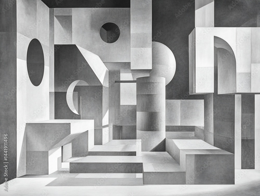 Fototapete Abstract grayscale artwork depicting a complex interplay of geometric shapes, creating a sense of depth and perspective within a confined space.