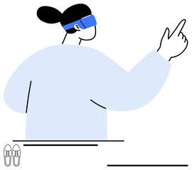 Woman wearing blue VR headset interacts with virtual environment by pointing. Ideal for innovation, technology, VR, augmented reality, futuristic concepts, immersive experiences, exploration. Flat