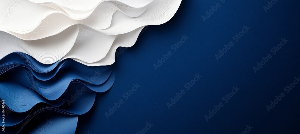 Poster abstract background with navy and white wave patterns, nature inspired layered paper design