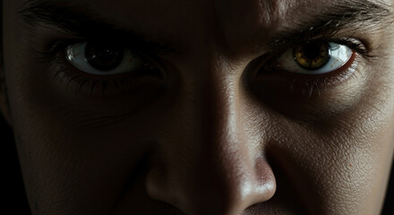 Caucasian man with beard showing anger, teeth clenched, dark background. Emotion, stress, mental health, anger management, men's health, sale, awareness. Horizontal banner