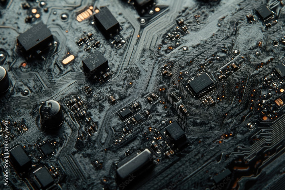Poster Close-up of a dark, textured circuit board with various electronic components.
