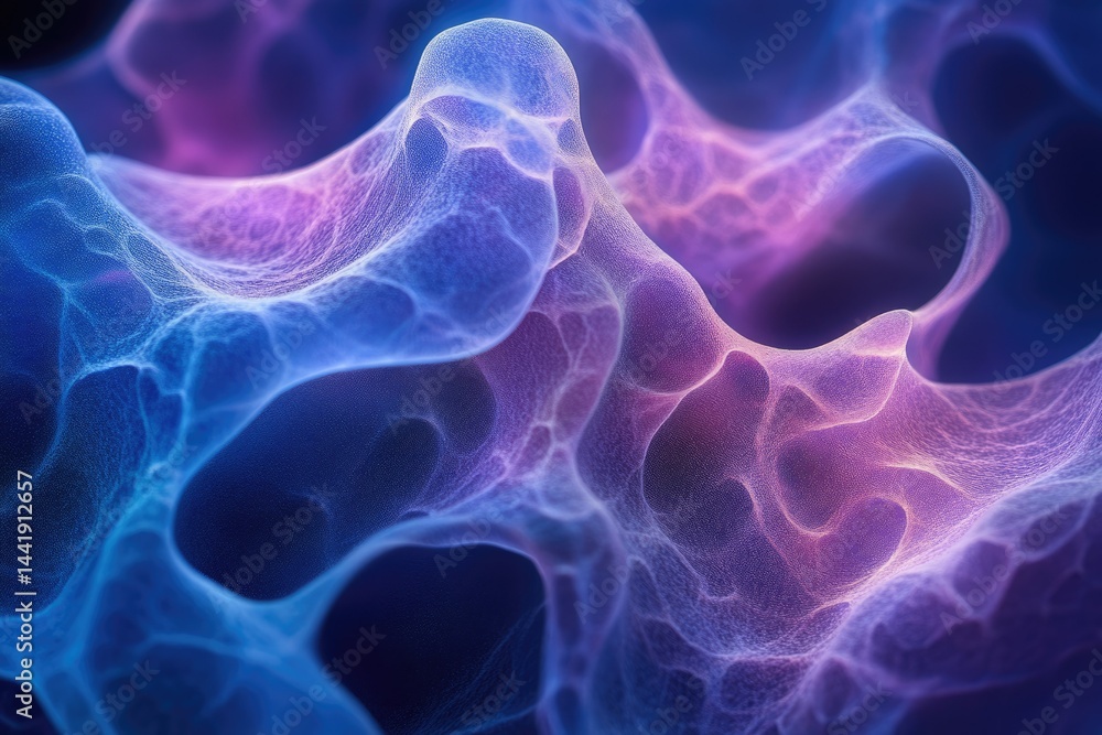 Poster Abstract image of a porous, bioluminescent, and intricate network resembling a microscopic structure or a celestial nebula.