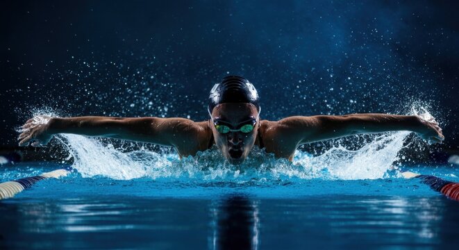 Female swimmer performing butterfly stroke in pool, focused expression, competitive swimming