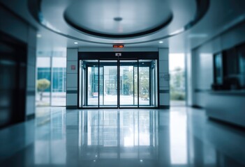 Modern office hallway with open door