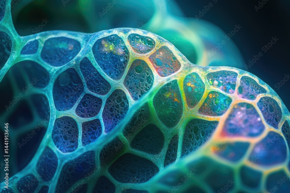 Poster Abstract image depicting a vibrant, bioluminescent, network-like structure resembling cellular or organic matter.