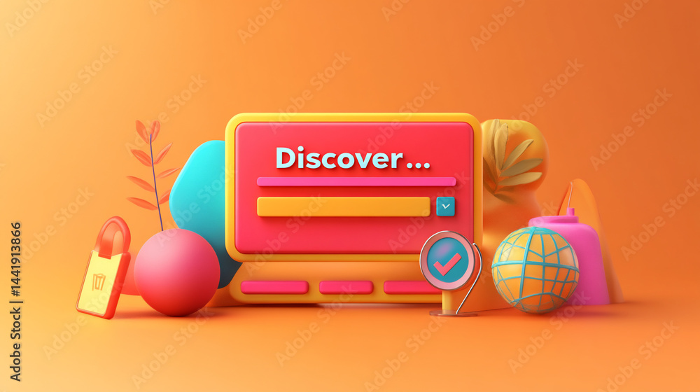 Poster 3D rendered vibrant online search bar with colorful abstract shapes, promoting discovery and exploration.
