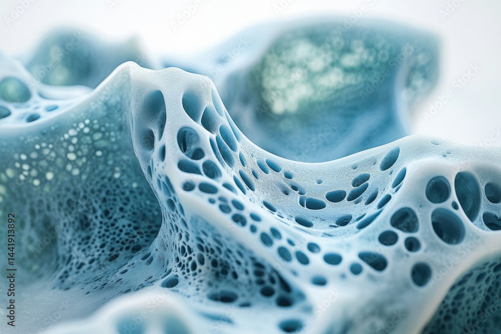Poster Abstract 3D render of a porous, blue, organic-like structure resembling foam or a sponge.