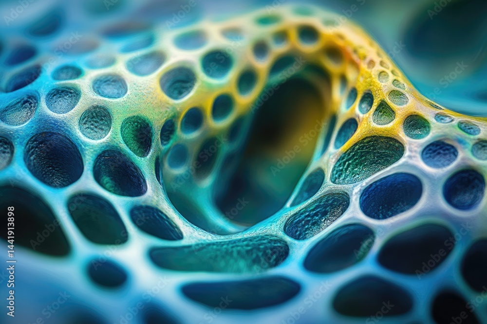 Poster abstract 3d render of a porous, biomorphic structure with teal and yellow hues, resembling cellular 