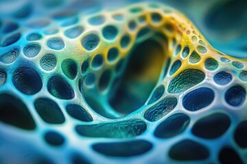 Abstract 3D render of a porous, biomorphic structure with teal and yellow hues, resembling cellular or spongy material.