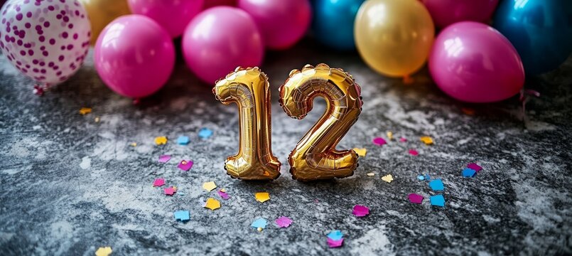 Golden Number 12 Balloon Celebrating a Twelfth Birthday with Colorful Balloons and Confetti