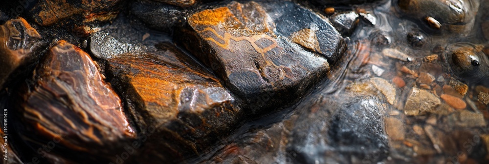 Poster wet rocks in a stream with orange and brown patterns.