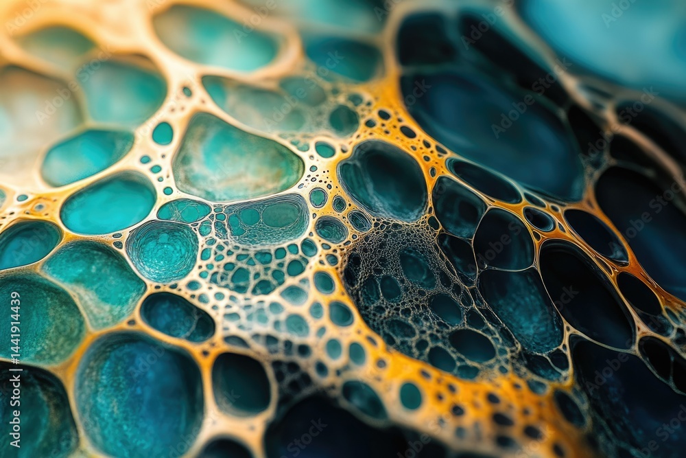 Leinwandbilder abstract close-up of teal and gold fluid art resembling a complex network of interconnected bubbles.