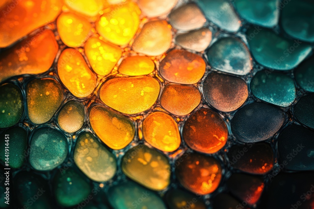 Poster abstract image of vibrant, multicolored, round shapes resembling a mosaic or honeycomb pattern.