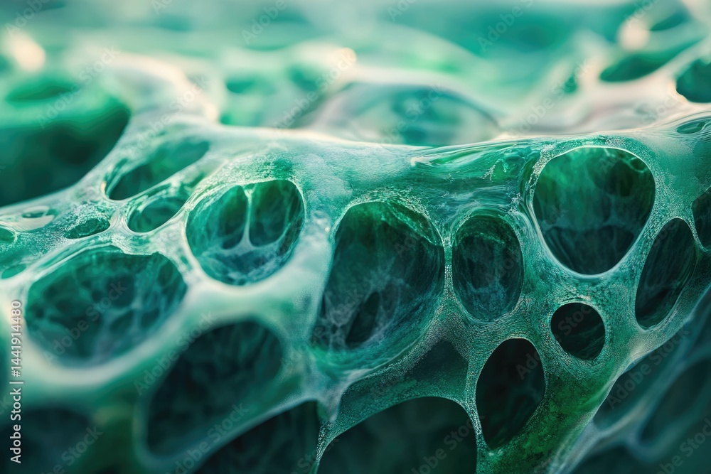 Poster abstract close-up of a teal, porous, organic-looking structure resembling a cellular network.