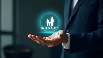 Businessman presenting family insurance concept with icon on open hand in a dark setting scene