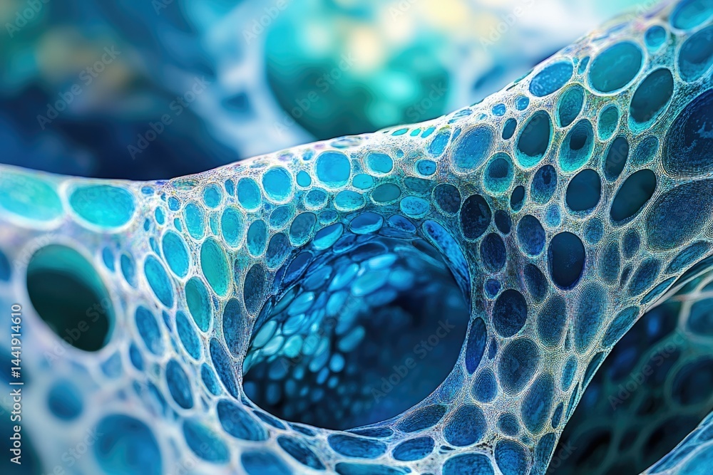 Aufkleber Abstract image of a porous, organic-like structure with interconnected, bubble-like cavities in shades of blue.