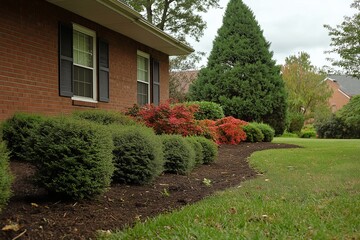 Naklejka premium Manicured shrubs and colorful bushes line the side of a red brick house with a green lawn and trees